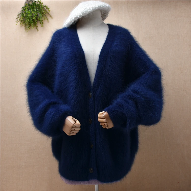 

female women fashion blue hairy mink cashmere knitted v-neck long batwing sleeves loose oversized cardigan jacket coat sweater