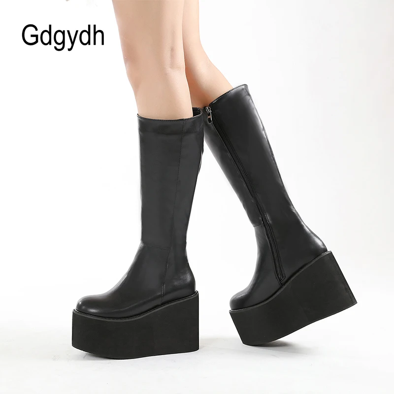 Gdgydh Matte Black Knee High Boots Women Platform Wedges High Heels Thick Bottom Ladies INS Hot Winter Fashion Elegant Drop Ship