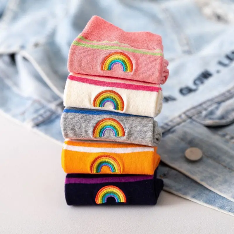 

5 Pairs Women Cotton Crew Socks Double Stripes Rainbow Bridge Embroidery Hosiery AXYD