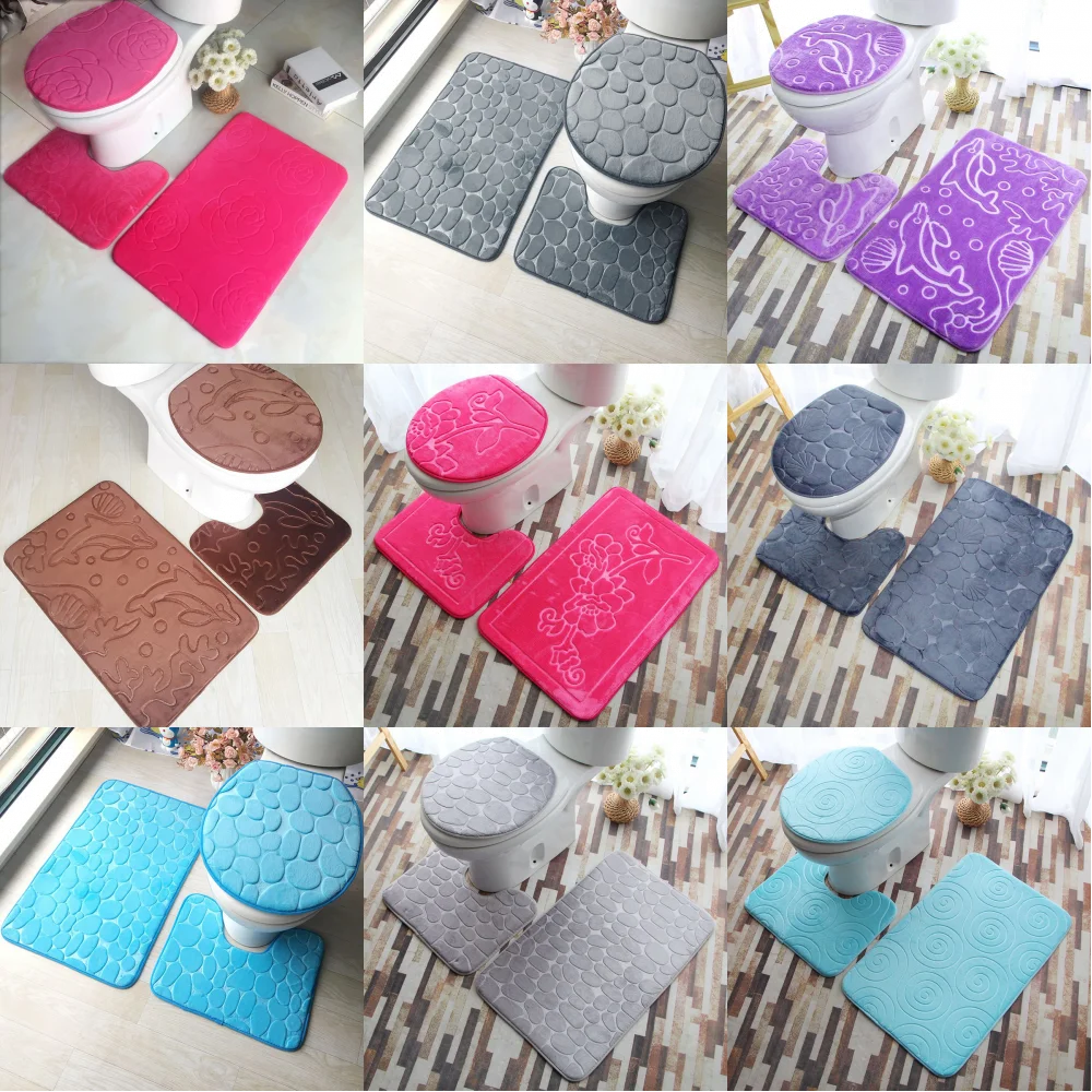 

Фланелевый трехкомпонентный коврик для ванной и туалета, Нескользящий Впитывающий напольный коврик для туалета, комбинированный набор из 3...