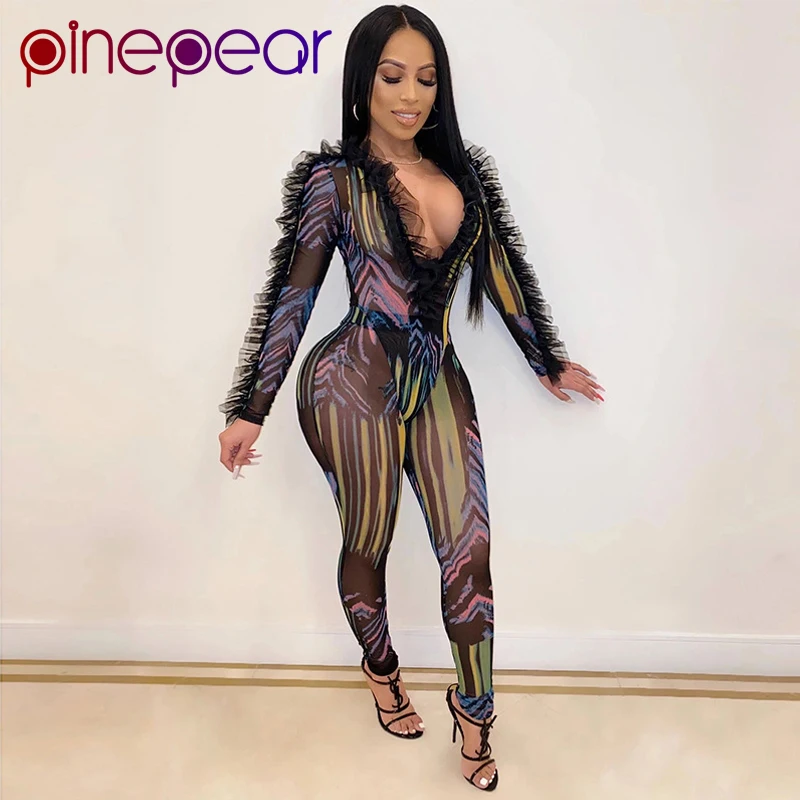 Женский комбинезон с длинным рукавом облегающий сетчатый оборками глубоким