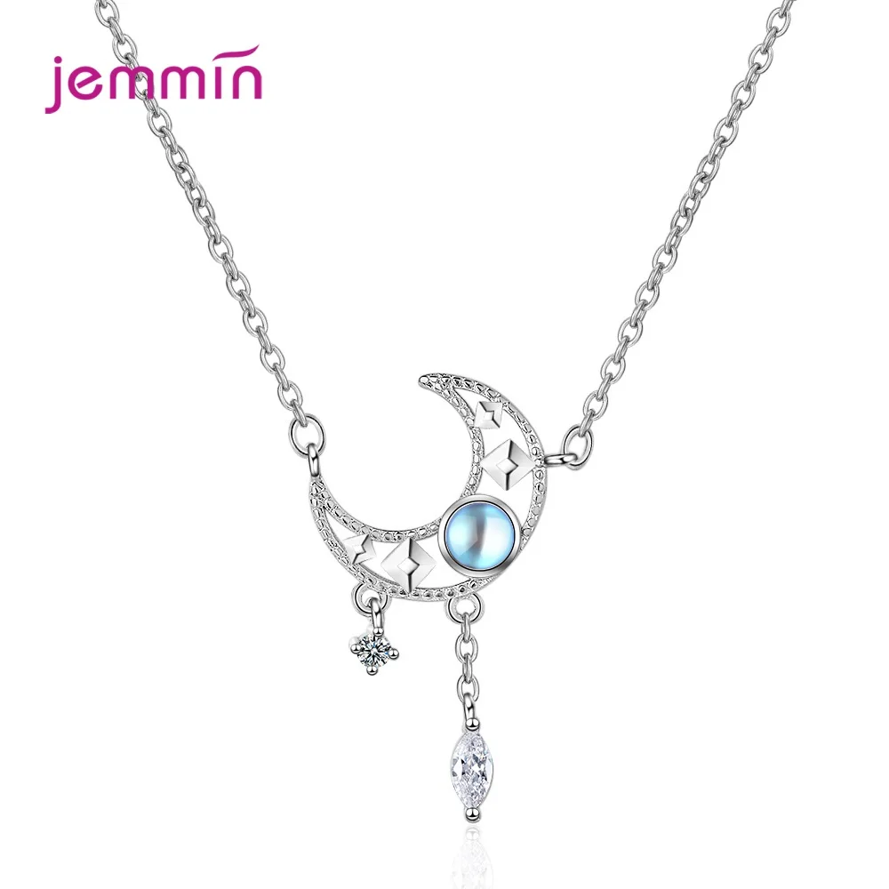 

Boutique Women 925 Sterling Silver Link Chain Necklaces Clear Zircon Moon Shape Pendant Necklace New Statement Jewelry