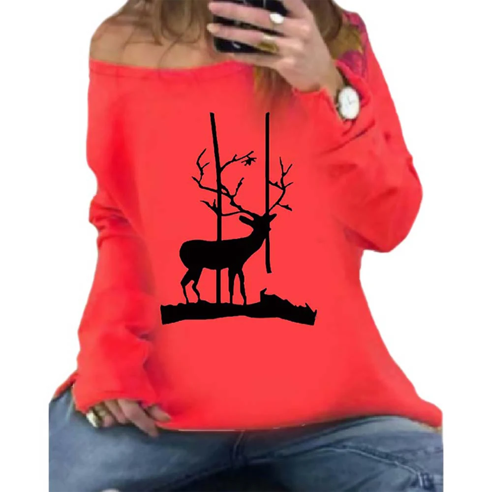 

Women Sweatshirts Deer-Printing Casual Long Sleeve Tops 2020 Fashion Crew Neck Tunic Christmas Clothes 5XL