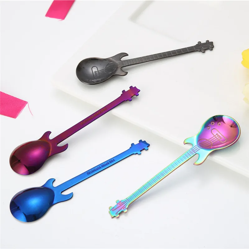 

2pcs Creative Stainless Steel Guitar Shape Spoon Coffee Stirring Spoons Titanium Ice Bar Music Bar Colorful Gift Spoon Tableware