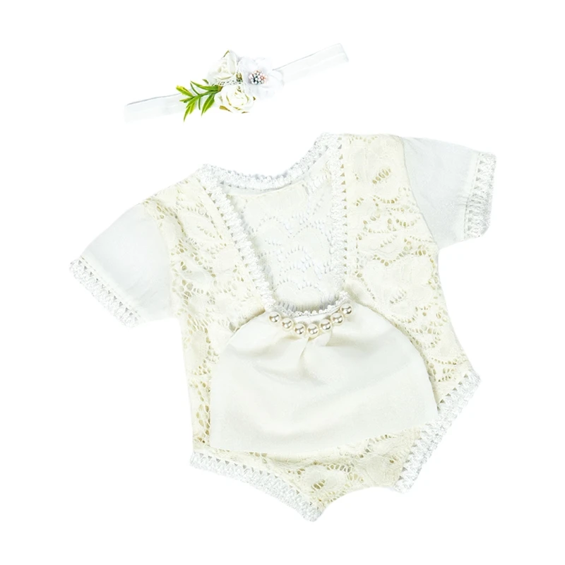 

85DE Newborn Baby Photography Props Girls Lace Romper Jumpsuit Headband Set Infants Princess Costume