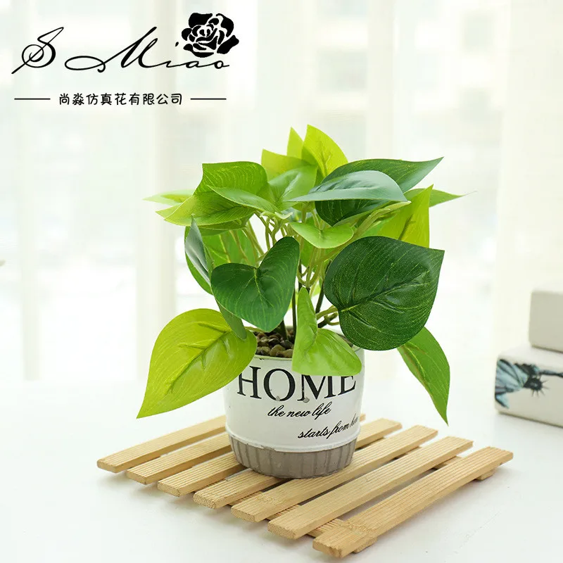 

Artificial Simulation Green Plant Leaf Home Office Desktop Ornaments Flower Bonsai Cement Pot Silk Leaves