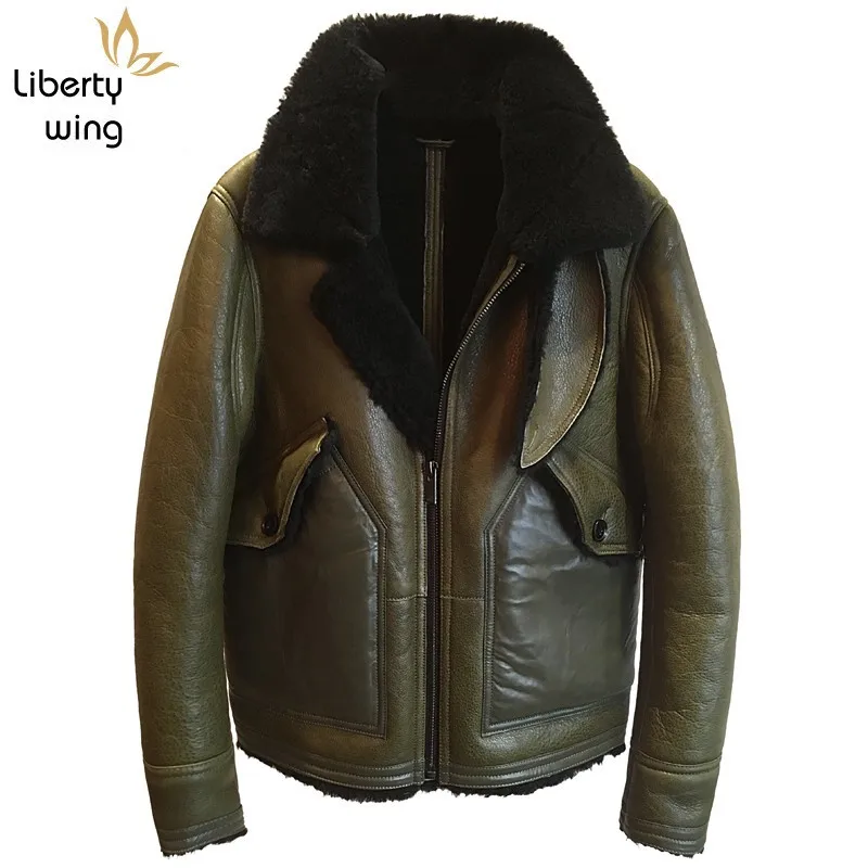 

Luxury Brand Men Genuine Sheepskin Leather Military Warm Lamb Wool Real Fur Lining Bomber Jacket Biker Shearling Coats