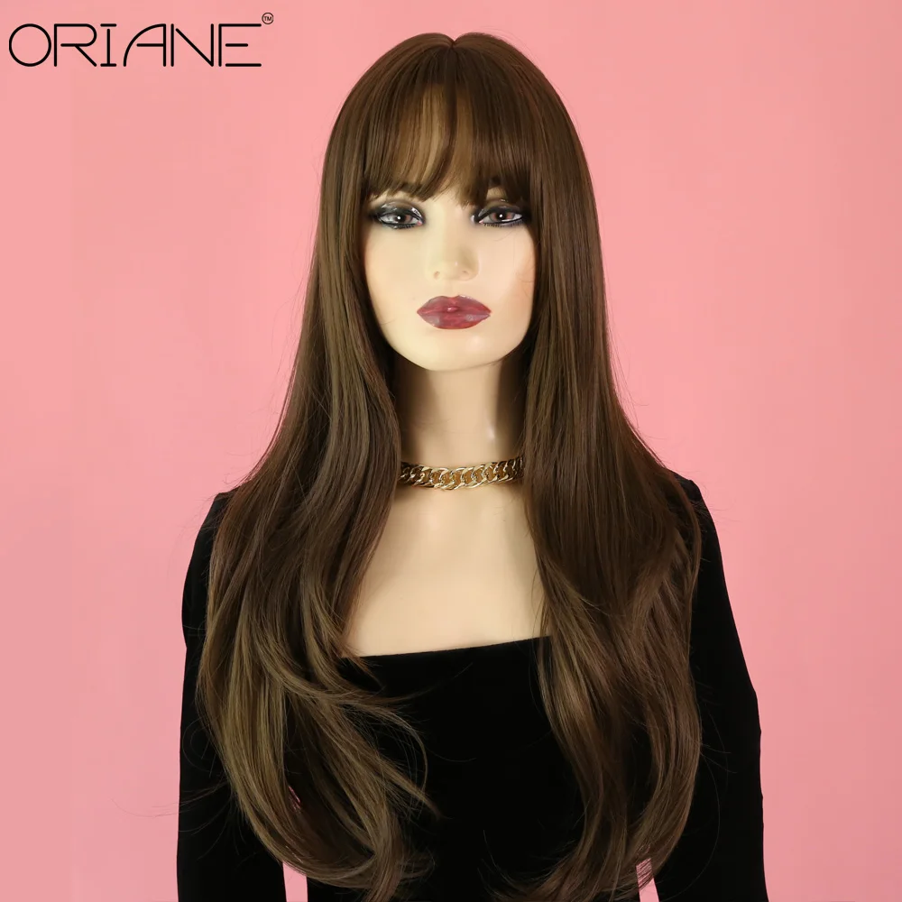 

ORIANE Long Wavy Brown Synthetic Wigs For Women With Bangs Lolita Soft Hair Cosplay Wigs Natural Hairline High Temperature Wigs
