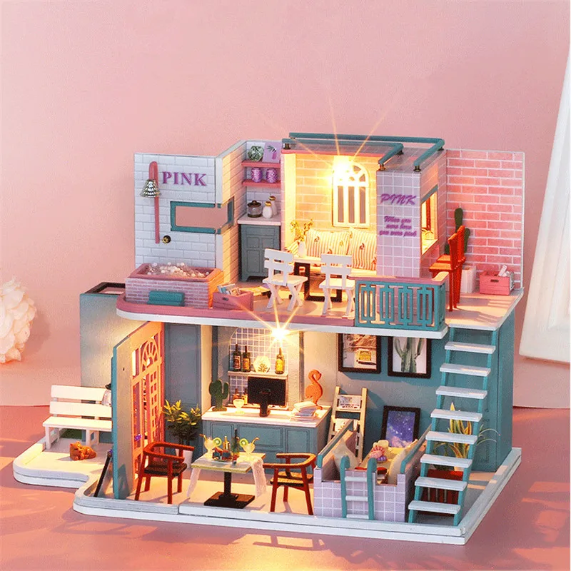 Lol House Pink Cafe DIY Miniature House Casa De Boneca Model Building Kit Dollhouse Kits for Adults Furniture for Dolls Toys