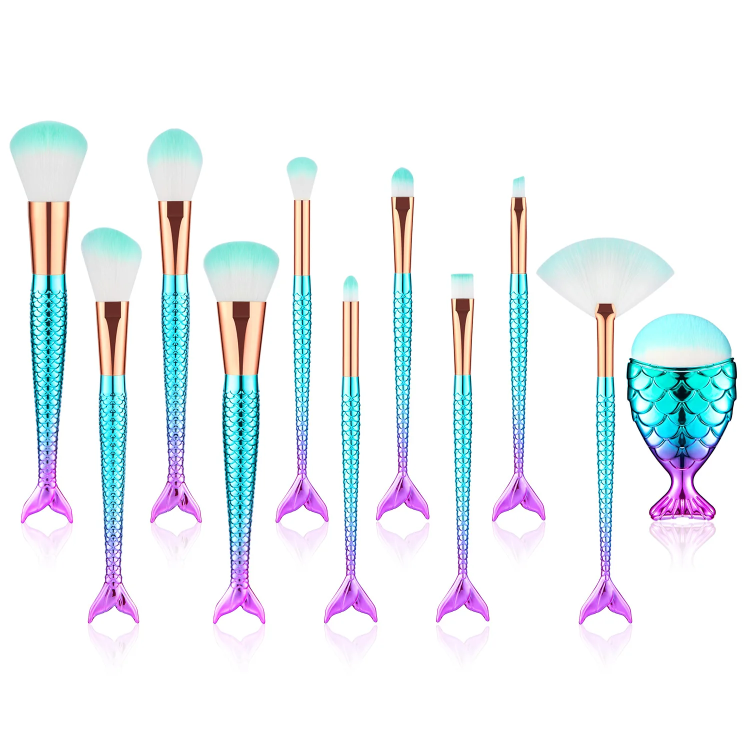 

BANFI 11pcs Mermaid Brush Handle Gradient Color Plating Makeup Brush Fishtail Cosmetic Eyeliner Shadow Brush Makeup Beauty Tools