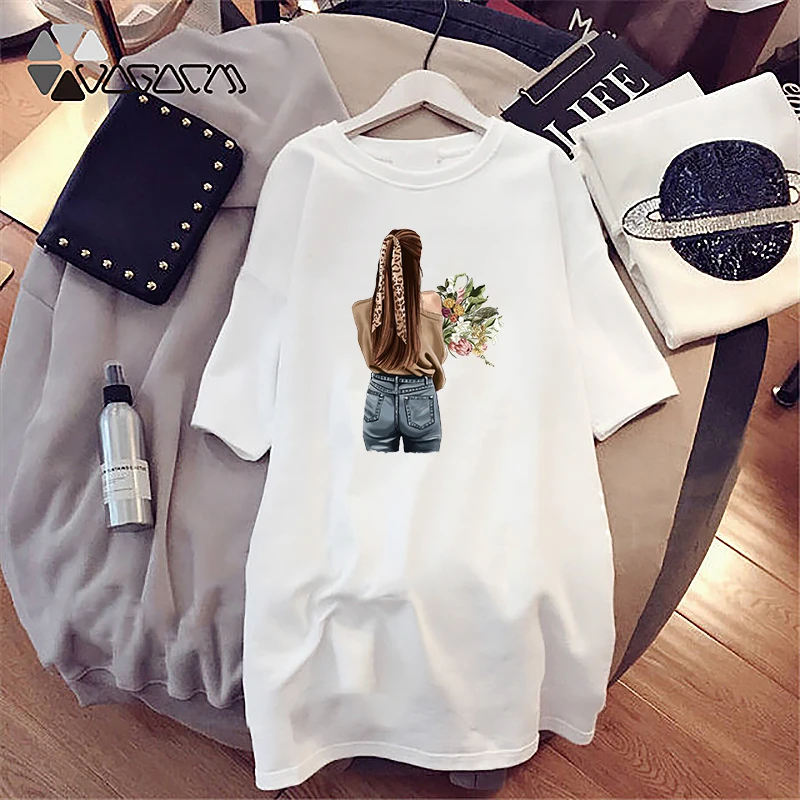 

Summer Dress Girl Flowers Print Mini Women Loose Plus Size T-Shirt Dresses Korean Short Sleeve Streetwear Casual Pullover Robes