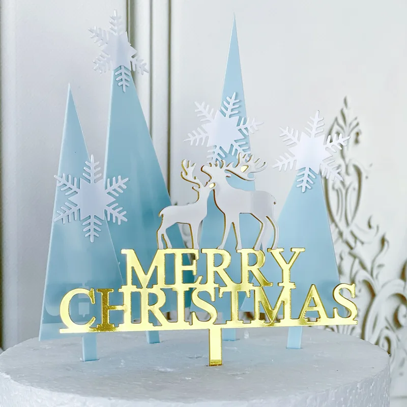 

Snowflake Christmas Tree Acrylic Merry Christmas Cake Toppers Gold Elk Xmas Cake Topper for Family Xmas Party Cake Decorations