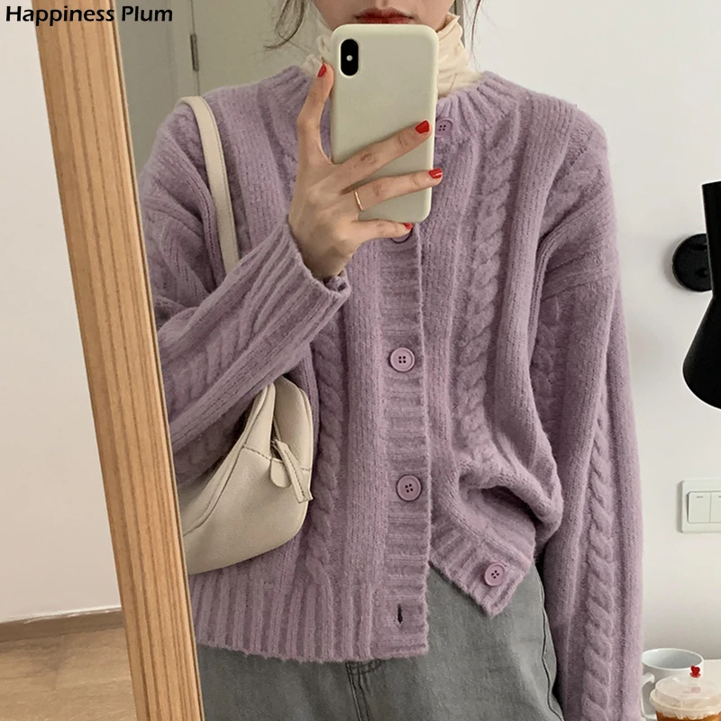 

Winter Furry Soft Waxy Twist Sweater Solid Color Cardigan Women 2021 New Spring Loose Round Neck Warm Knitted Jacket