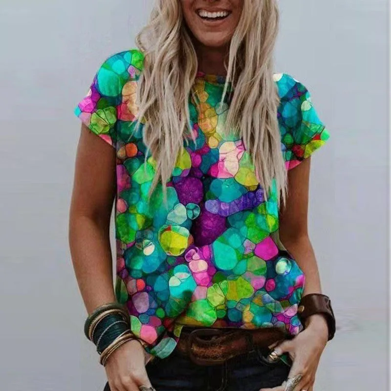 Женская летняя хлопковая футболка с короткими рукавами принтом круглым вырезом