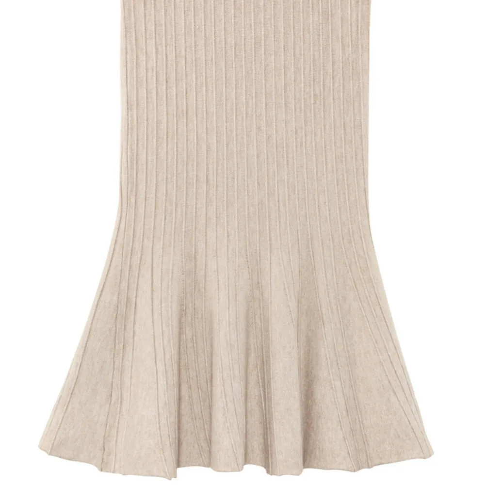 

Aurkrrvn Women's Knitted Mermaid Skirt Autumn Winter Mid Skirts for Woman Solid Elegant Elastic Waist Feminine Skirts Trumpet