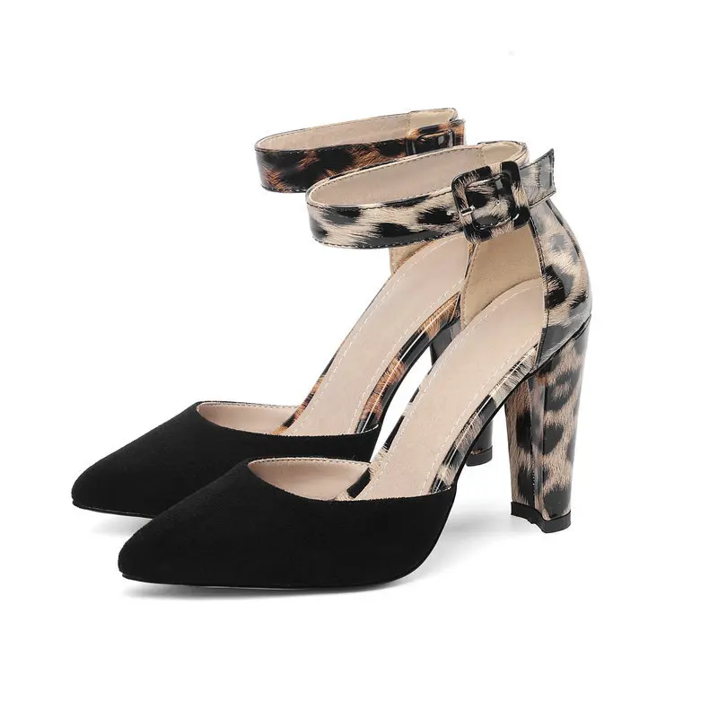 

New Women Pumps Leopard PU Leather Flock Sandals Summer Women Shoes Square High Heels Pointed Toe Buckle Fashion Size 34-46