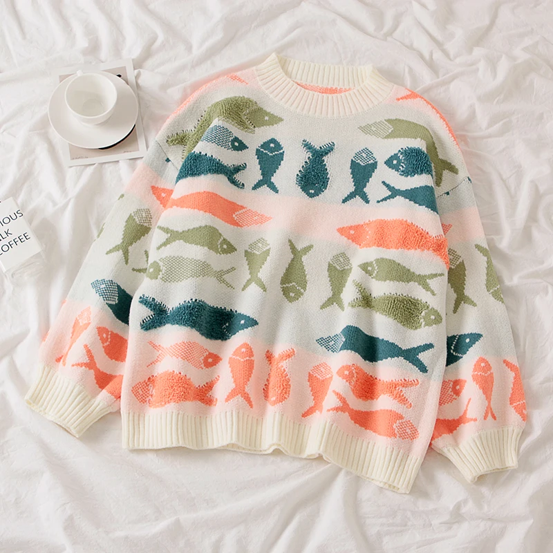 Gaganight винтажный Модный женский свитер с рыбками Свободный пуловер длинными