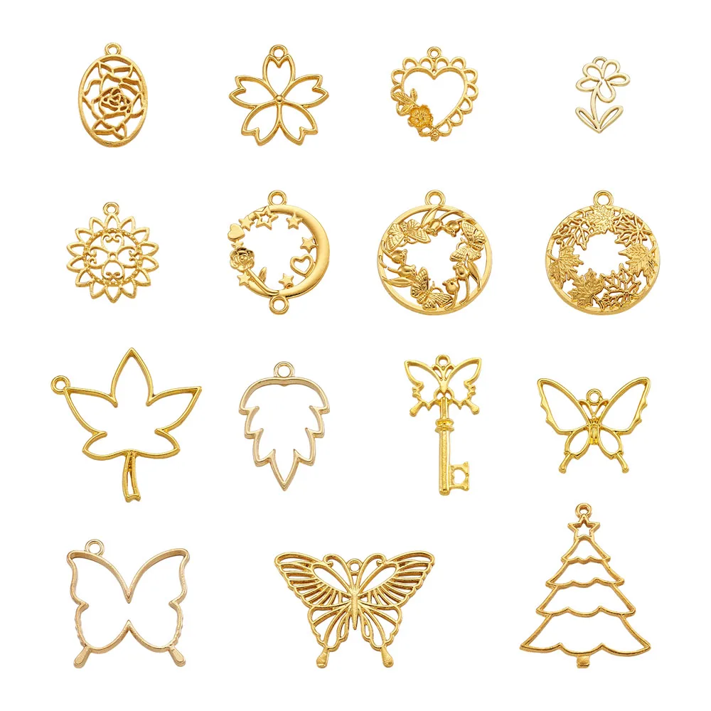 

30pc Open Base Seetings Golden Back Bezel Pendants Butterfly Flower Christmas Tree Heart Frame Charms for DIY Epoxy Resin Crafts