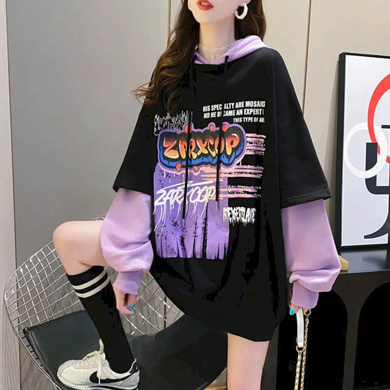 

Korean version of loose fake two-piece sweatshirt women hooded 2020 autumn new mid-length student all-match jacket jacket trend