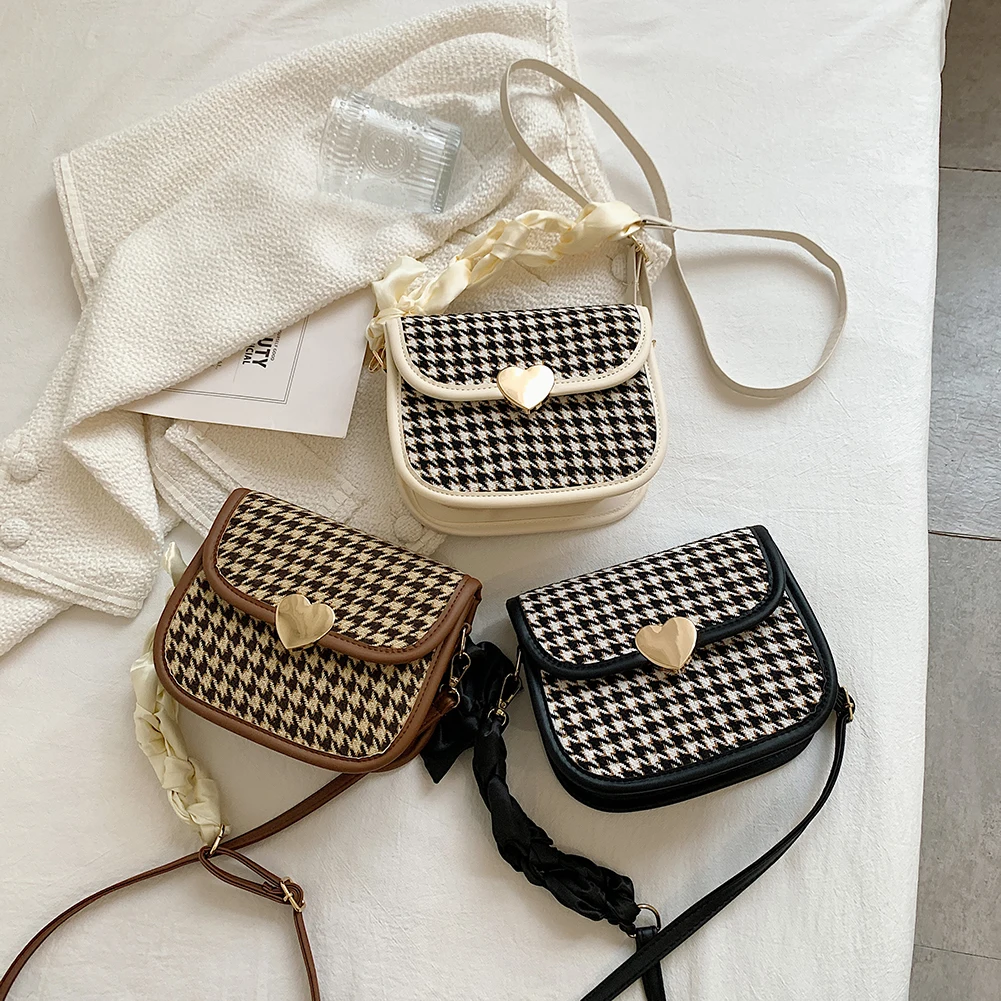 

Модная женская сумка через плечо из шерстяной ткани с принтом «гусиная лапка», шелковый шарф, модные сумки, повседневная женская сумка-месс...