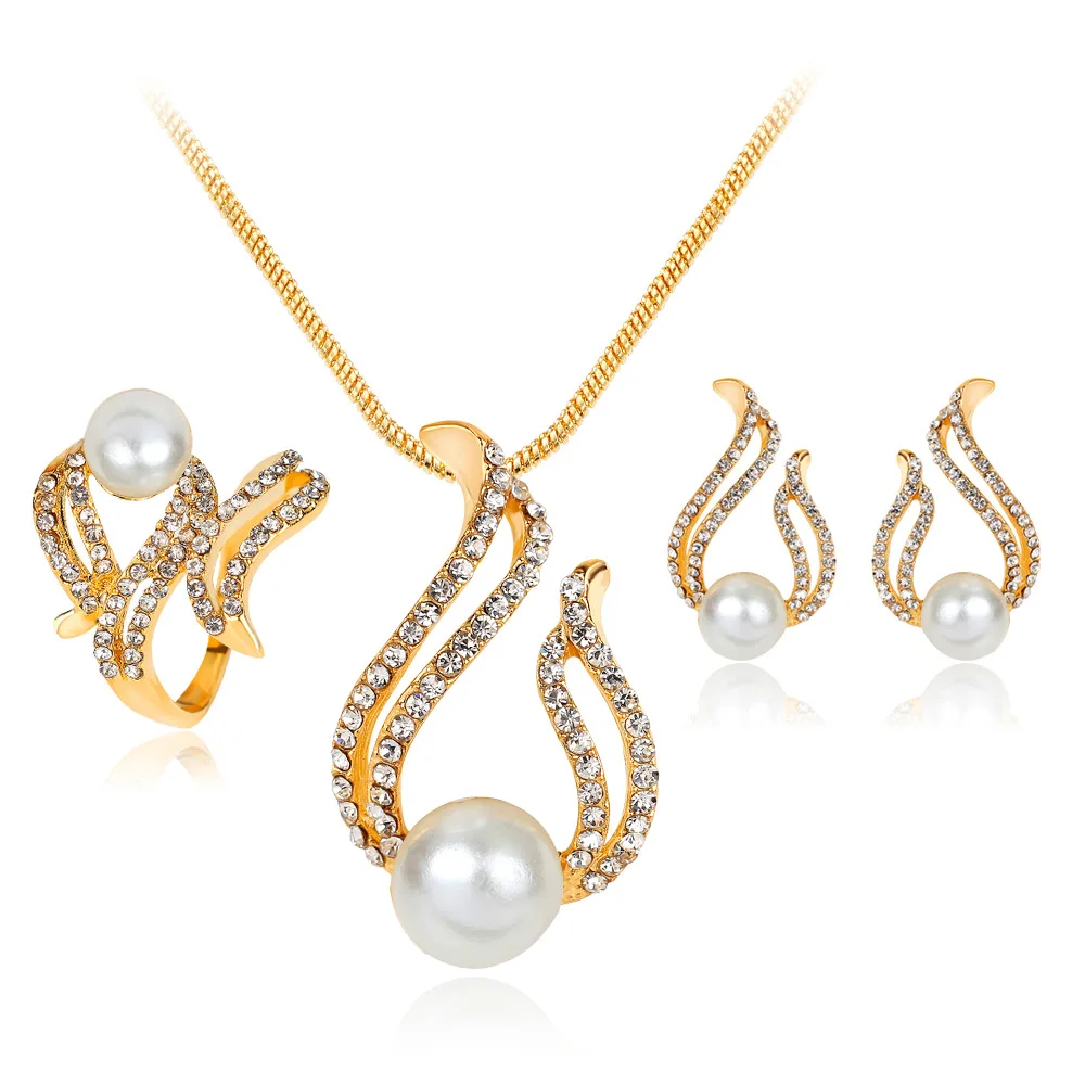 

Classic Pearl Jewelry Set Gold Color Necklace for women Clear Crystal Elegant Party Fashion Costume Christmas Gift