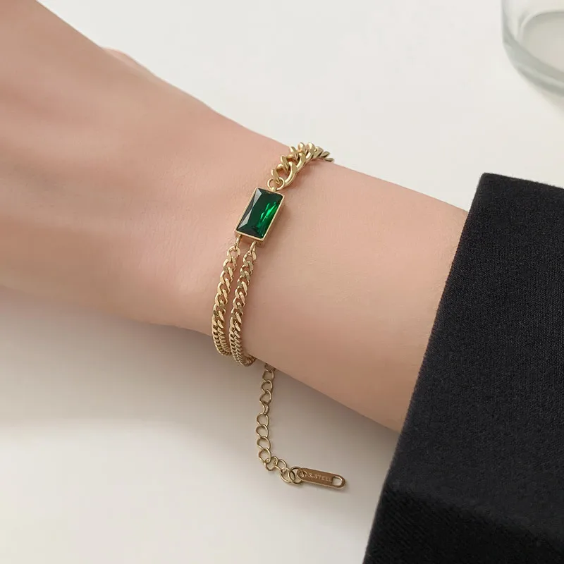 

RHYSONG Stainless Steel Good Bracelet For Women Hand Chain Black Green Charm With Zircon Brand New Fashion Jewelry Gift Female