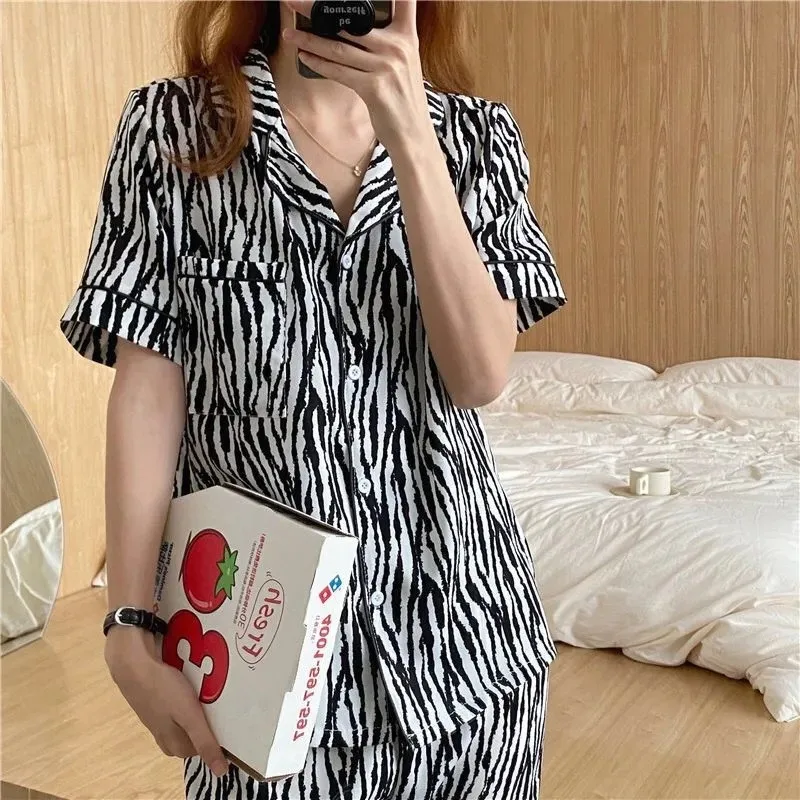 

Summer 2Pc Women's Pajamas Sets Short Sleeve Ins Chic College Girls New Homewear Loose Daily Casual Sweet Simple Femme Sleepwear
