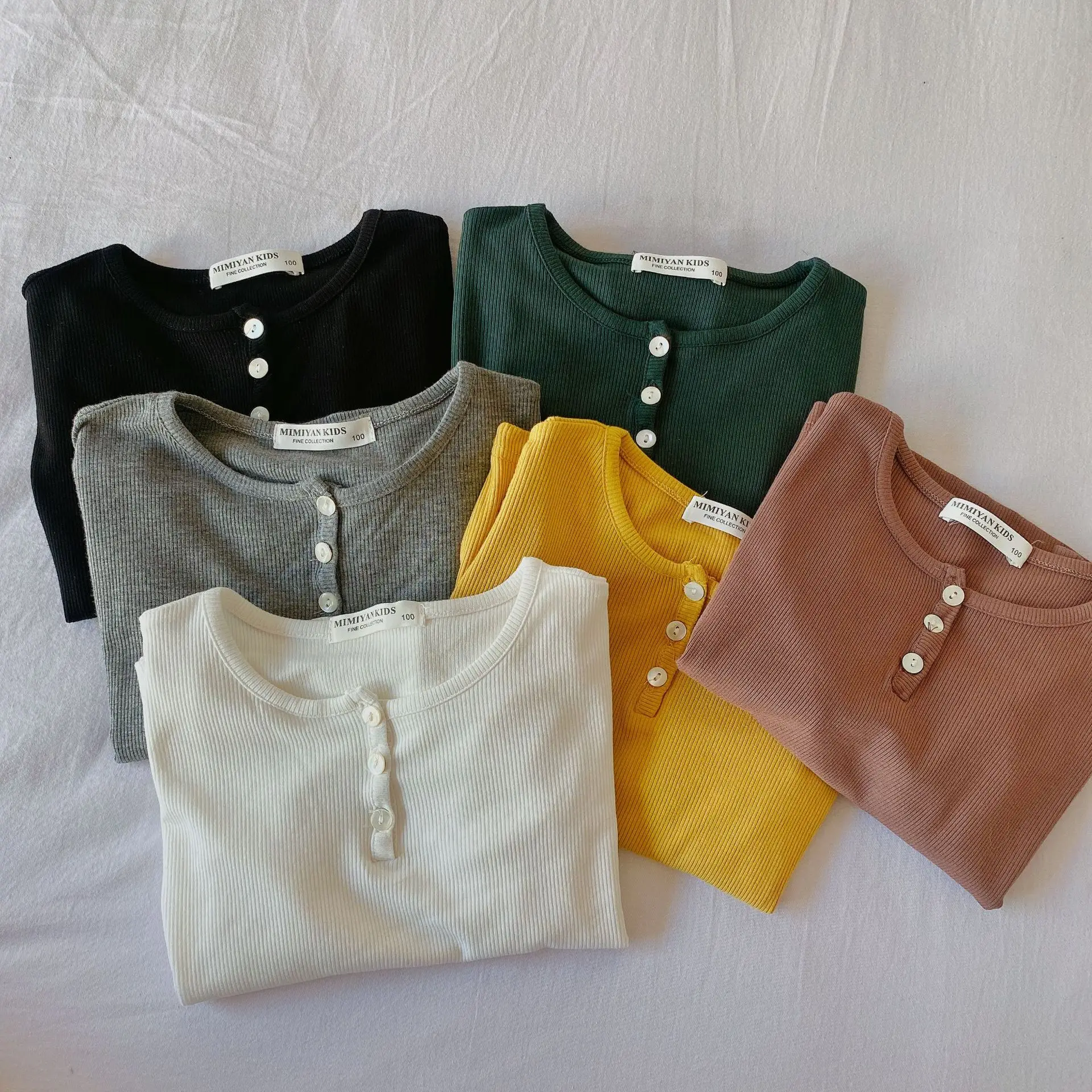 

Children's T-shirt 2021 Autumn New Boys and Girls Solid Color Button Long Sleeve O-Neck Simple Top Kids Fall Clothes