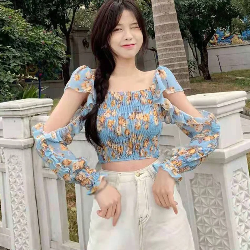 

Korean Fashion Square Collar Blouses Women Floral Print Navel Exposed Chiffon Blouse Sweet Butterfly Sleeve Shirt