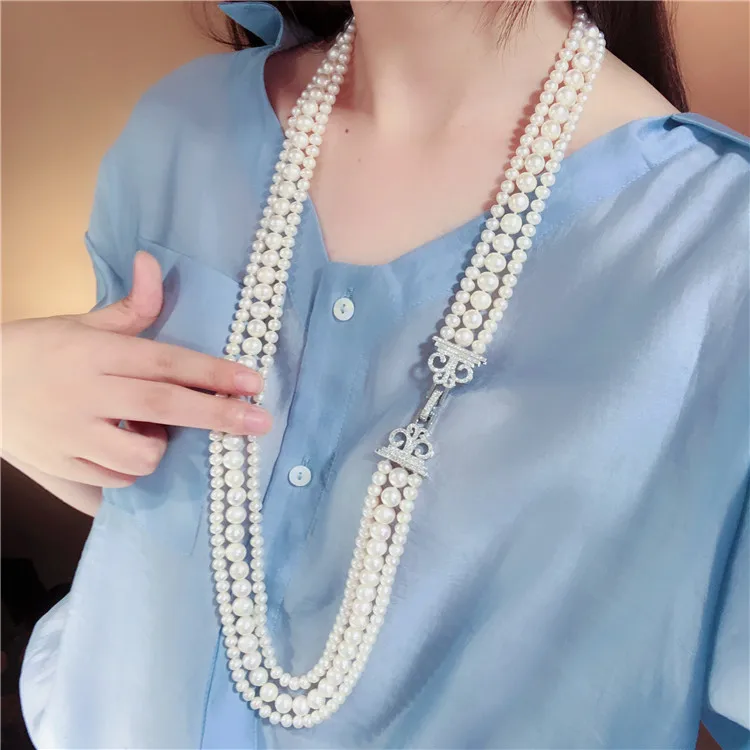 32'' 3 Strands Cultured White Pearl CZ Silver Plated Clasp Connector Necklace