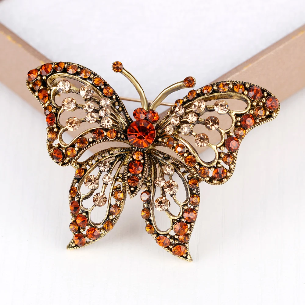 Женская Брошь в виде бабочки с оранжевыми стразами|Броши| |