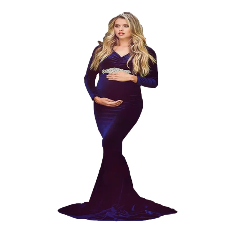 High Quality Gold velvet Fashion Maternity Tailing Casual Dress Winter Long Pregnancy Pregnant Women Photography Props Clothing | Мать и