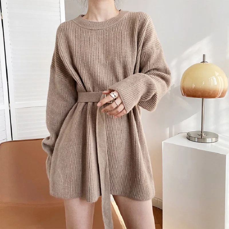

Women's Solid Color Knit Dress 2021 Autumn Winter Women O-Neck Long Sleeve Elegant Loose Sweater Belt Dress Chic Pullover Dress