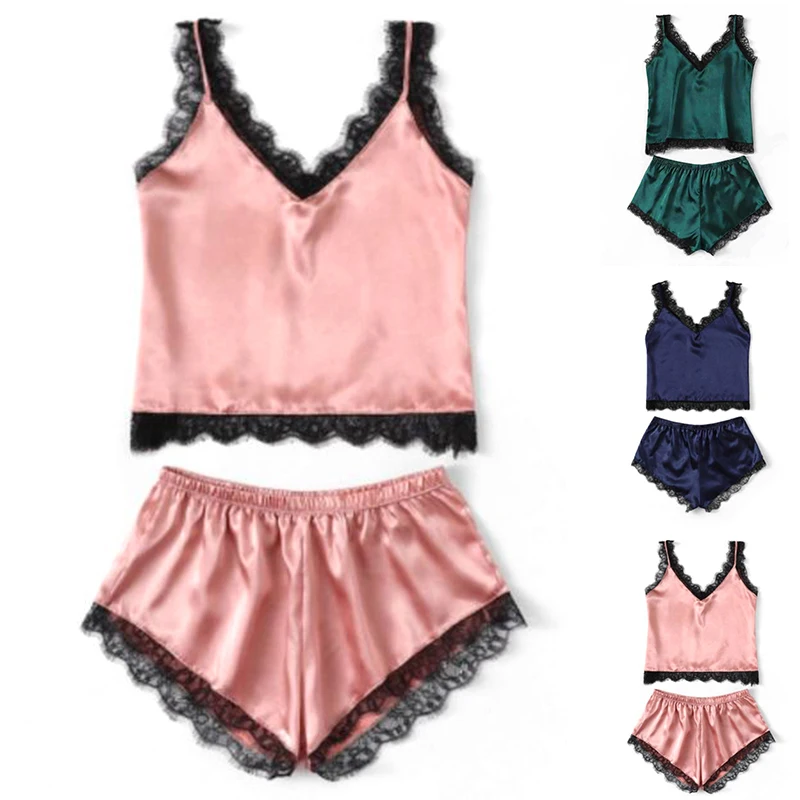 Pajama Set Women Satin Sleepwear Spaghetti Strap  Top Floral Lace Shorts Sexy Lingerie