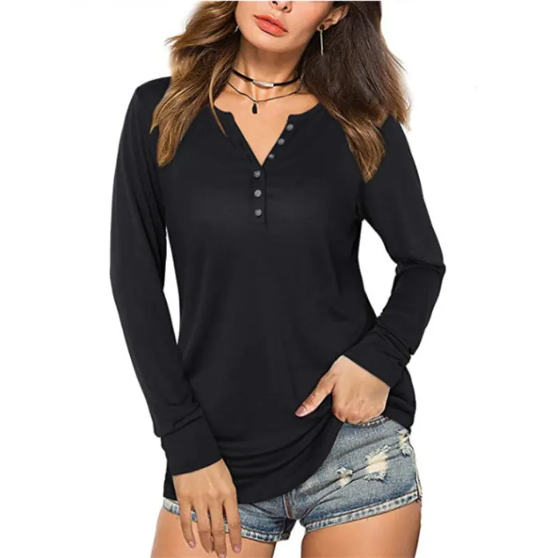 

2021 European and American ladies long-sleeved V-neck button loose casual T-shirt 001