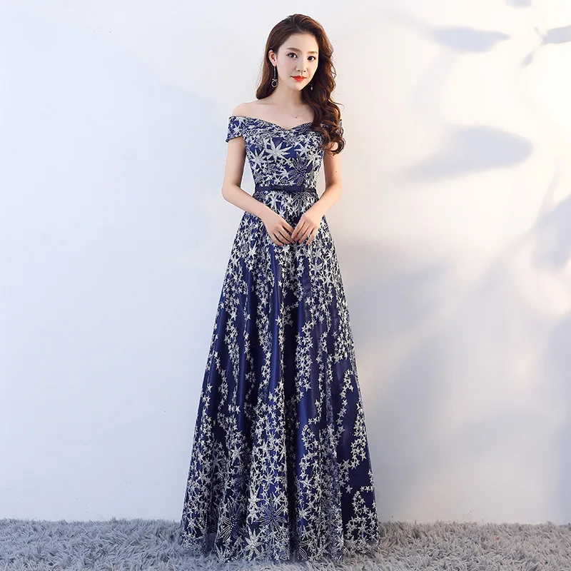 

New Fashion Blue Print Short Sleeves Boat Neck Woman Plus Sizes Vestido De Festa Long Evening Dress Bride Party Prom Dresses