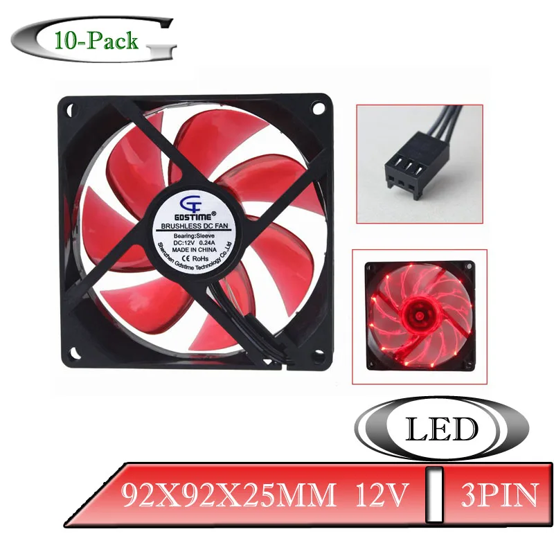 10 шт. Gdstime DC 12V 3Pin 9 см 90 мм 90x25mm 15 красный светодиодный свет компьютера охлаждающий