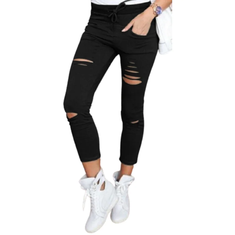 

Fashion Solid Slim Ripped Jeans 2021 Women Spring Autumn Elastic Bodycon Frenulum Patchwork Casual Sport Nine Points Trousers