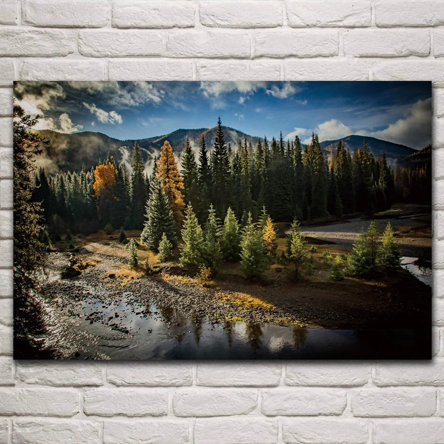 

Beautiful morning forest landscape river pine trees nature posters on the wall picture home living room decoration bedroom KP665