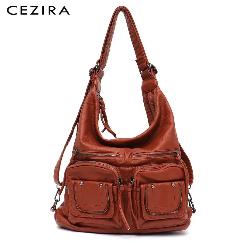 

CEZIRA Large Soft Casual Women Bags Functional Girl School Backpack PU Leather Bag Ladies Multi Pockets Messenger&Shoulder Bag