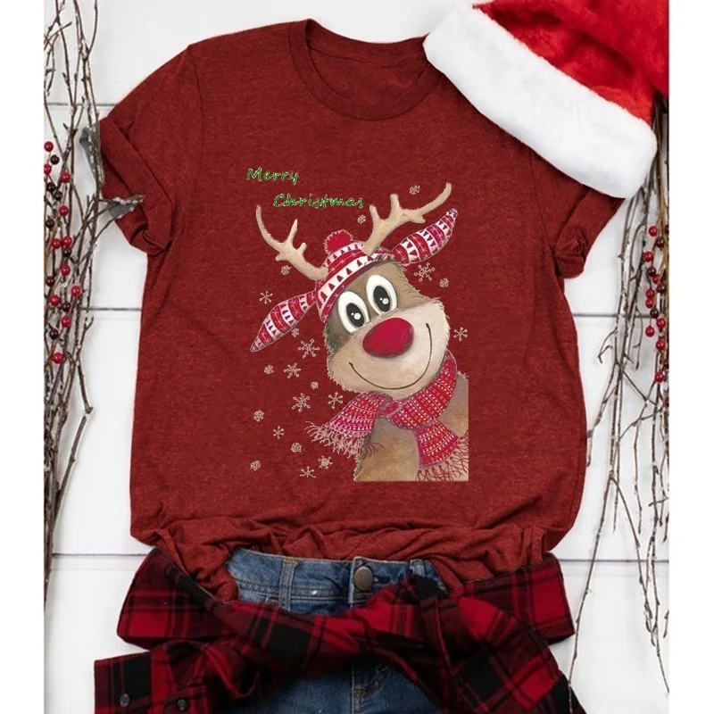 

Umeko Merry Christmas Elk T-shirt for Women Graphic Short Sleeve Tee Top Lady Summer Casual Oversize O-Neck Plus Size Tshirt Y2k