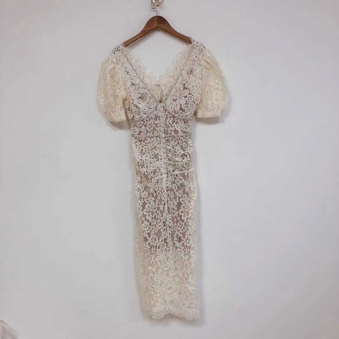 

Women Dress White Lace V-neck Puff Sleeve Rhinestone Decoration Temperament Mid-length Dress