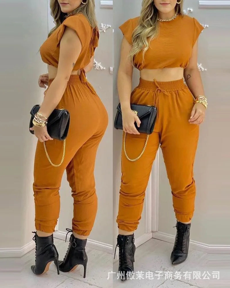 

Women Sport 2 Piece Pants Suit Tied Back Tassel Crop Top & Drawstring Pants Set