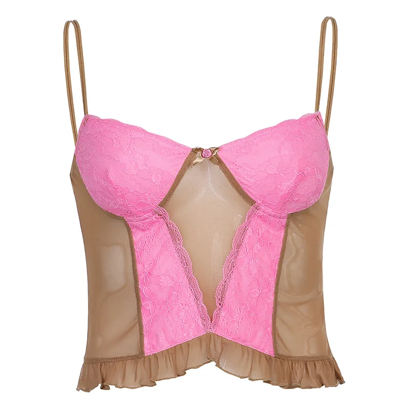 

2021 New Lace Stitching Mesh Slim-fitting Vest with Camisole V-neck Vest