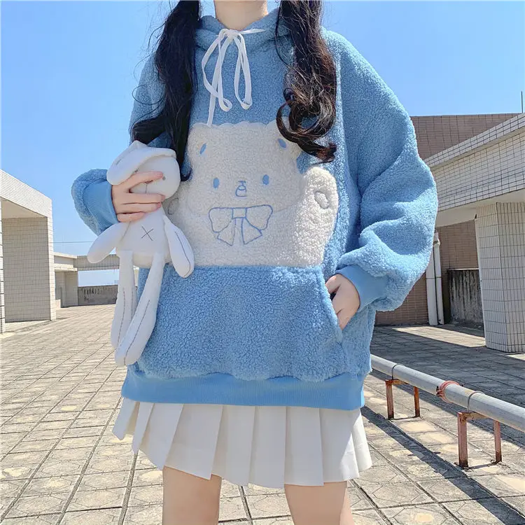

Long Sleeve Tops Loose Warm Casual Pullvoer Women Kawaii Hoodies Women Winter Fashion 2020 Plus Velvet Sweatshirt Cute