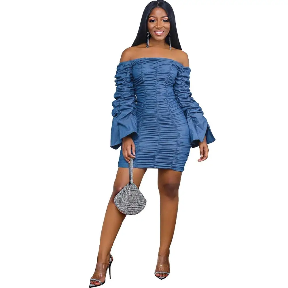 Новинка Осень-зима 2019 женские джинсовые драпированные платья с