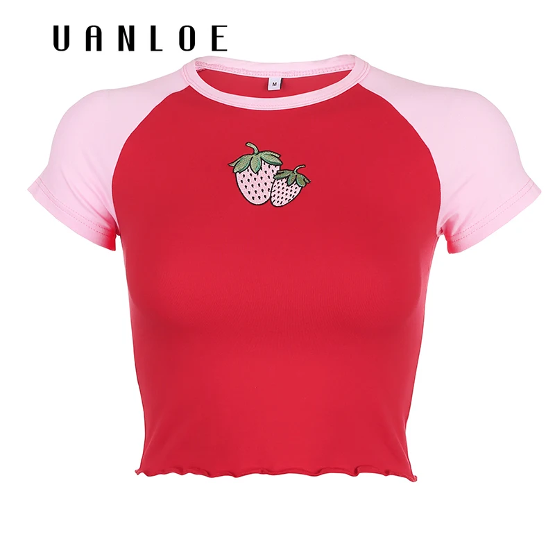 

Strawberry Embroidery Cropped t shirt Women Summer Sexy Streetwear Patchwork Tee Shirt Femme Crop Top 2020