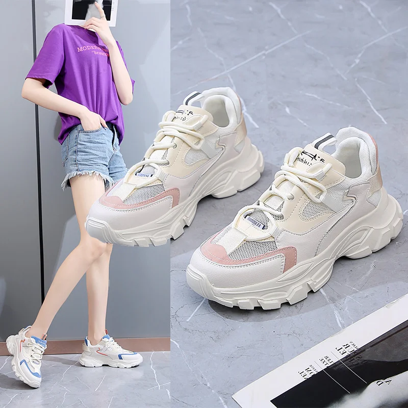 

Women Chunky Summer Sport Shoes Sneakers Genuine Leather Vulcanized Shoes Mixed Colors Mesh Ladies Casual Platform Footwear