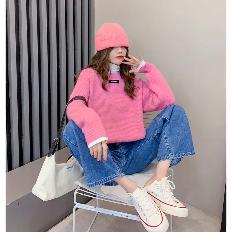 

Корейская версия свободного пуловера с длинными рукавами, свитер с круглым вырезом для женщин, новинка 2021, японский вязаный свитер, топ для ...