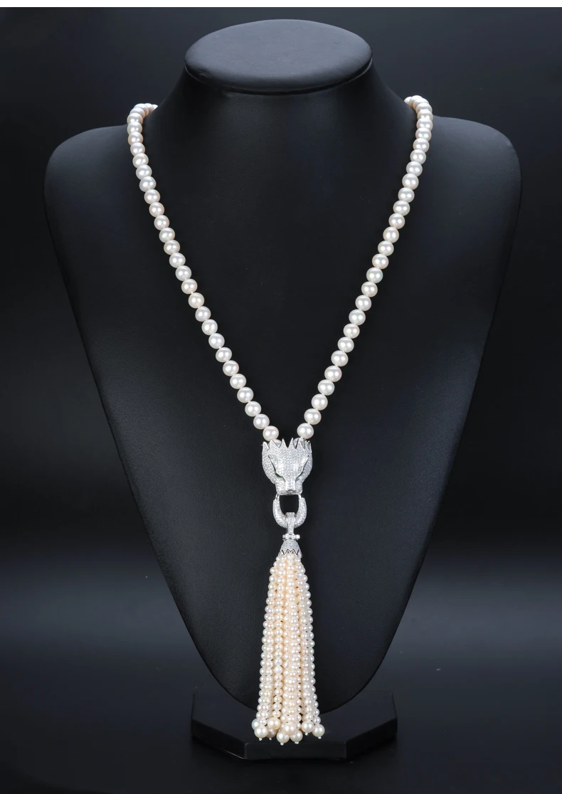 

AAA white 8-9mm natural freshwater pearl jewelry sweater chain necklace Leopard head inlay zircon 5-6mm tassel sweater chain